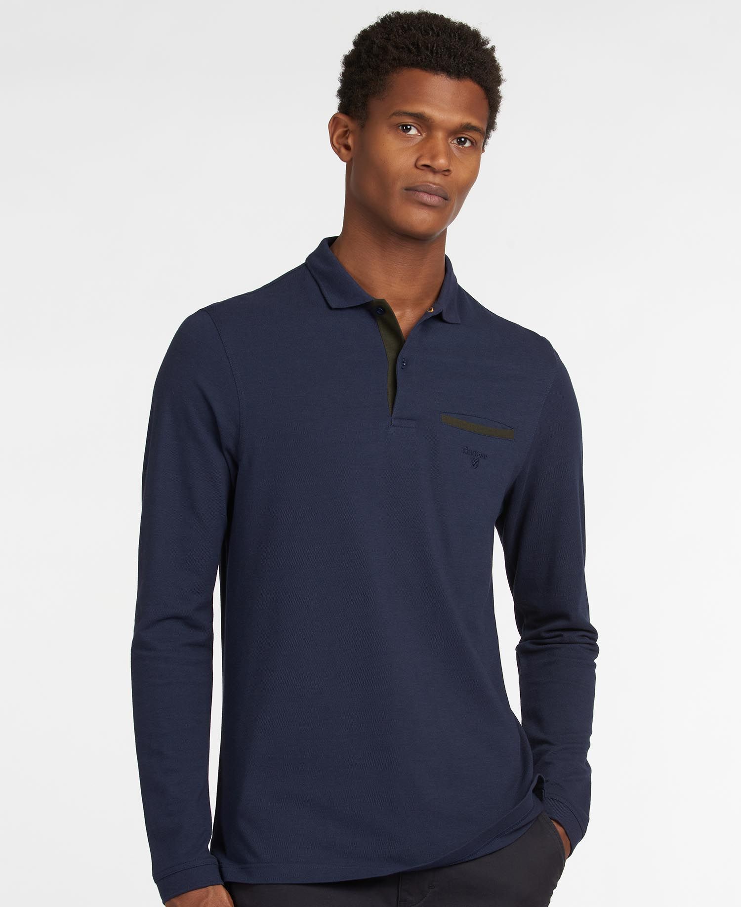 Barbour Essential Long Sleeve Pocket Men's Polo Shirts Navy | 403172-UAZ