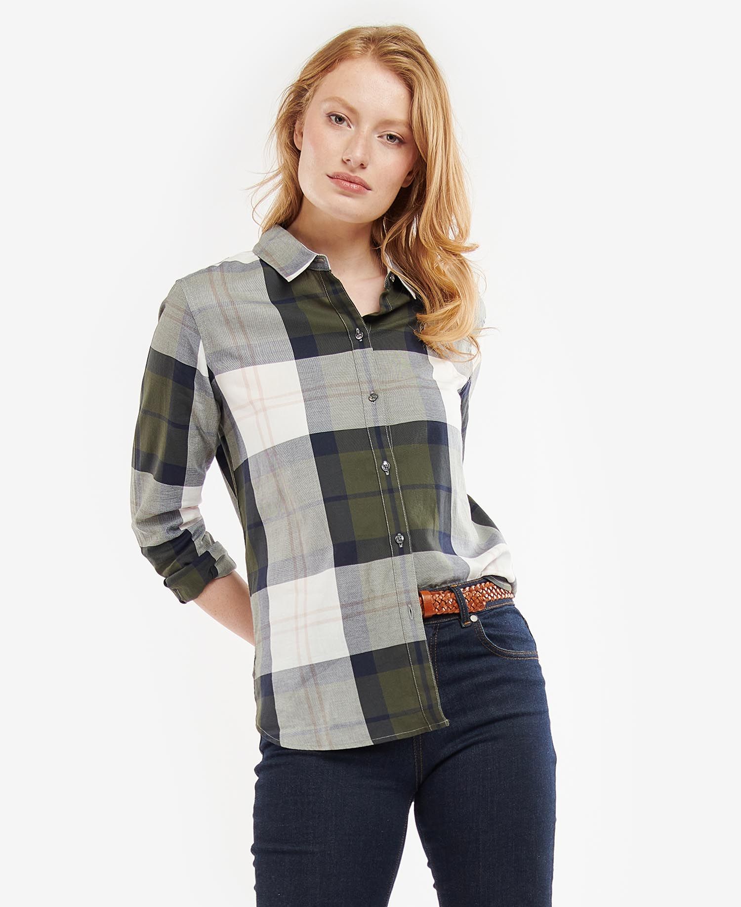 Barbour Moorland Women\'s Shirts Olive / White | 417280-LQF