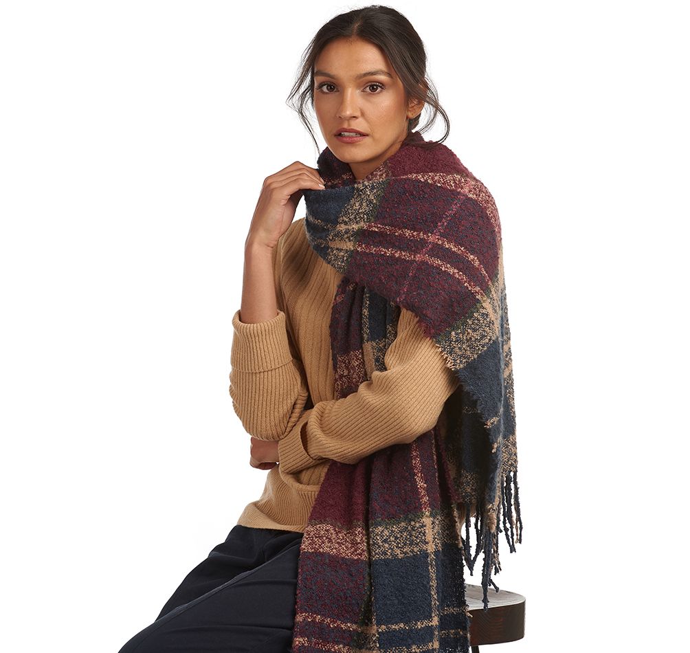 Barbour Tartan Boucle Women's Scarves Navy / Red | 039516-OML